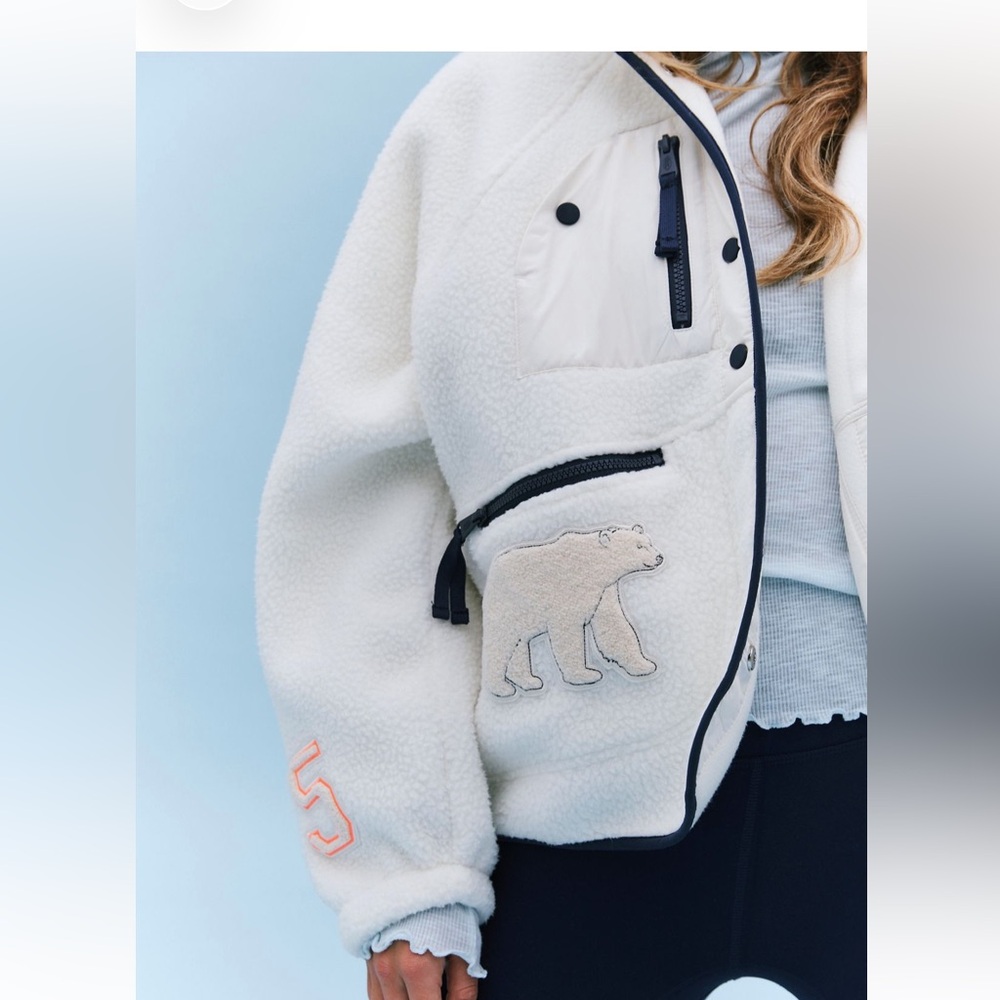 FP Movement by Free People Cream Sherpa Jacket with Black Trim & Coral Accent - Picture 9 of 11